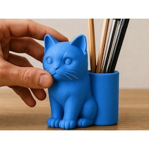 3d Baskı Kedi Figürlü Kalemlik - Masaüstü Organizer - Mavi Çok Renkli