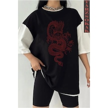 Siyah Oversize Çift Renk Ejderha Baskılı Unisex Tshirt Beyaz