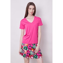 Jument Kadın V Yaka Kısa Kol Likralı Span Kumaş Şık T-shirt Bluz-fujya Fujya