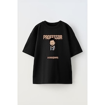 Thewert Unisex Professor La Casa De Papel Tasarım Baskılı Pamuk Sıyah Oversize T-shirt Siyah