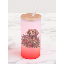 Güllü Köpek Baskılı 600 Ml Cam Matara- Su Matarası, Suluk Matara, Cam Pipetli Matara Kırmızı