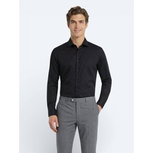 Kip Siyah Düz Slim Fit Uzun Dokuma Klasik %100 Pamuk Gömlek