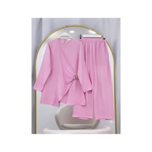 Lovie Moda Hira Yandan Toka Detaylı Pantolonlu Takım Pembe
