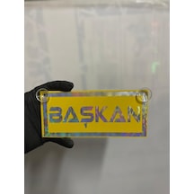 Sarı Renk Üzeri Hologram Renk Başkan Yazılı Vantuzlu Cam Süsü