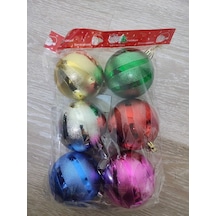 Çizgili Desen 8 Cm Karışık Renk Top 6'lı - Yılbaşı Süsü