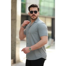 Erkek Apaç Yaka Örme Kumaş Kısa Kollu Gömlek Füme