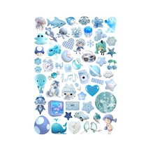 58 Adet Mavi Downtown, Deniz, Müzik Temalı Sticker Seti - Etiket Seti Scrapbook Bullet Journal