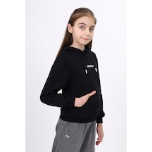 Toontoy Kız Çocuk Oversize Kapüşonlu Cepli Düşük Omuz Baskılı Sweatshirt - 2 İplik Siyah