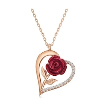Gümüş Rose Kalpli Kırmızı Gül Kadın Kolye Beyaz