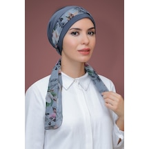 Hürrem Bone Gri Pratik Hazır Geçmeli Tesettür Bone Sandy Kumaş Desenli Şifon Gri