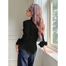 Kadın Arkası Bağcıklı Gömlek Slim Fit Günlük Ve Ofis Kombin Modern Tasarım Siyah