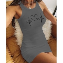 Ritim Kalp Baskılı Sıfır Kol Kaşkorse Elbise Gri