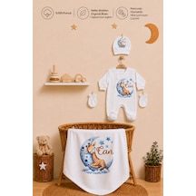 Pia Baby İsme Özel Erkek Bebek Hastane Çıkışı 4 Lü Set %100 Pamuk Organik Baskılı Battaniyeli Tulum Seti 1038btyx Krem