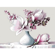 Beyaz Vazo Ve Çiçekler Sayılarla Boyama Seti 40X50 Cm (Tuvale Ger