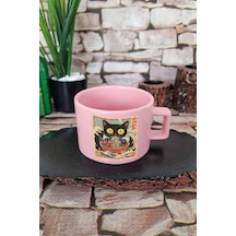 Ramen İlüstrasyon Sevimli Kedi Baskılı Japon Anime Kare Kulplu Fincan Pembe Kupa Bardak Pembe