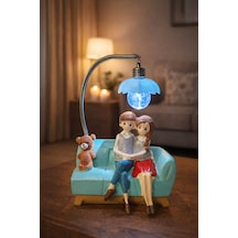 Romantik Çift Figürlü Işıklı Biblo Genç & Yatak Odası Dekoru - Sevgiliye Hediye, 18 Cm Mavi