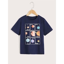 Flood Of Style Erkek Çocuk Lacivert Gezegenler Baskılı Oversize Bisiklet Yaka Tshirt