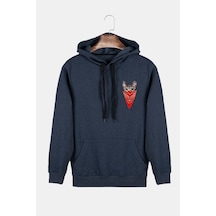 Unisex İndigo Kapüşonlu Maskeli Kedi Baskılı Slim Fit Kanguru Cepli Sweatshirt Indigo