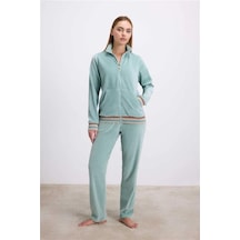 Ang Butik Kadın Kadife Dokulu Uzun Kollu Sweatshirt Ve Pantolon Takımı Yeşil