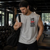 Urbantrendstore Baskılı Premium Sporcu Atleti Gym Tişört %100 Pamuklu Fitness T-shirt Açık Gri