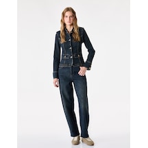 Koton Cepli Omuz Apoletli Pamuklu Düğmeli Dik Yaka Denim Ceket Koyu İndigo 7wal50021md