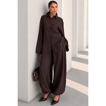 Madmext Kahverengi Oversize Gömlek Balon Pantolon Kadın Takım Mg2779