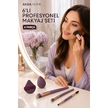 6 Lı Profesyonel Makyaj Fırça Seti Kabuki Fondöten Far Kaş Fırçası Sünger Ve Pudra Pufu