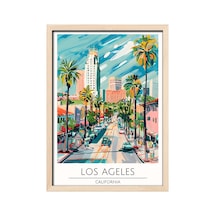 Los Angeles California Travel Poster Ahşap Çerçeveli Dekoratif Duvar Tablosu Ahşap 01