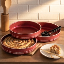 Porsima Montella 3lü Tepsi Seti Fırın Tepsisi 26-28-30cm Kızıl Kırmızı
