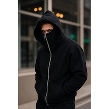Erkek Maskeli Ninja Model Çift Kapüşonlu 3 İplik Şardonlu Fermuarlı Sweatshirt - Siyah