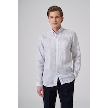 Morven Erkek Lacivert Keten Trend Çizgili Dynamic Fit Düğmeli Yaka Gömlek 26ys004004200 Lacivert