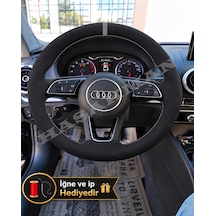 Audi Q2 Dikme Direksiyon Kılıfı Full Alcantara Süet Gri Yüzük Ve Gri Dikiş 2016-2020 Siyah