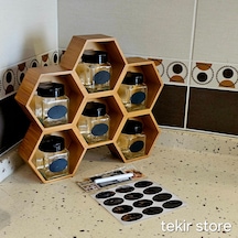 6'lı Baharatlık Takımı Ahşap Bambu Eskitme Standlı Petek Model Bambu