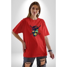 Korsan Kurukafa Pamuklu Bisiklet Yaka Unisex Oversize Boyfriend Dijital Baskılı Kırmızı T-shirt Kırmızı