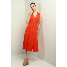 By Saygı Kadın Polo Yaka Ön Pile Düğme Detaylı Midi Keten Elbise-40645 Mercan
