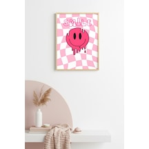 Doğal Ahşap Çerçeveli Retro Tablo - Pembe Smiley Pop Art Canlı Duvar Sanatı Huhu2329