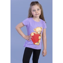 Toontoy Kids Toontoy Kız Çocuk Kalpli Ayıcık Baskılı Taş İşlemeli Tişört Lila