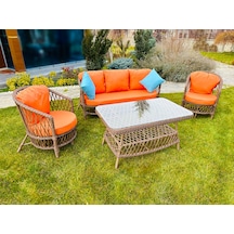 Monalin Home Garden Porto 5 Kişilik Lüks Rattan Örgü Bahçe & Balkon & Teras Oturma Grubu Minderli & Camlı & Masalı Takım Turuncu