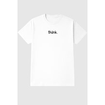 Unisex Oversize Think Baskılı Tişört %100 Pamuk Bisiklet Yaka Günlük Streetwear T-shirt Beyaz