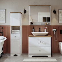 Lavabolu Mdf 80Cm Çekmeceli Banyo Dlp + Aynalı Üst Dlp + Boy Dlp Beyaz - Atlantik Çam