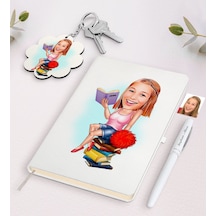 Kişiye Özel Kadın Öğrenci Karikatürlü Beyaz Defter Kalem Ve Anaht