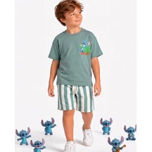 Cg Kids Stitch Baskılı Erkek Çocuk Tshirt Şort Alt Üst Takım Sırt Baskı Detaylı Mint Yeşili