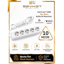 Viko 5'li Grup Priz 10 Metre Beyaz 3x2,5 Mm Kalın Kablolu Uzatma Kablosu 10 M