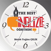 Kişiye Özel En İyi İngilizce Öğretmeni Teacher Çap 30cm Sessiz Akar Bombeli Gerçek Cam Duvar Saati Siyah