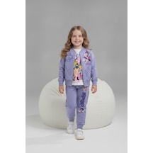Karakter Baskılı Penye Ceketli - Penye Sweatshirt - Penye Pantolonlu Kız Çocuk 3lü Takım 261010 Pembe