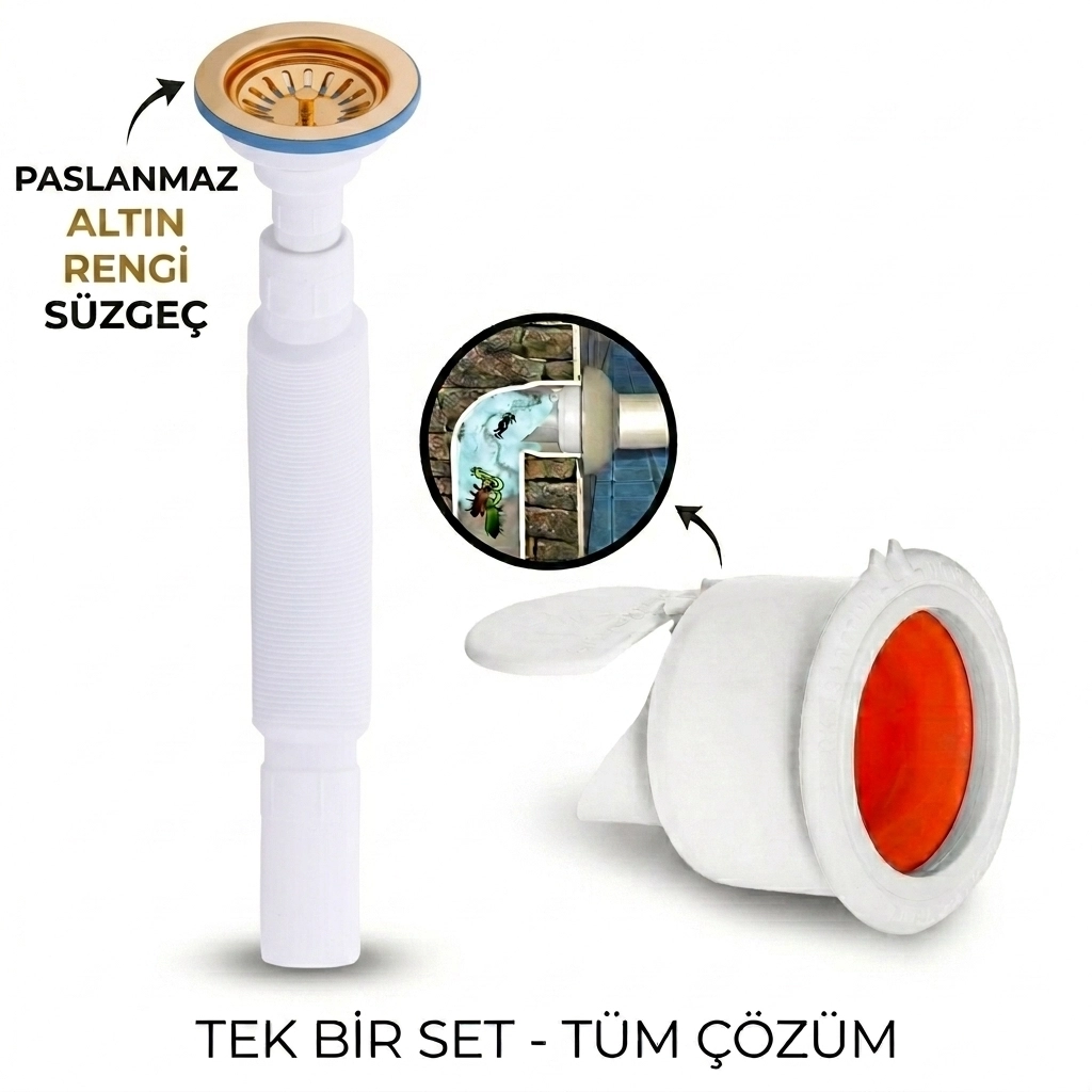 Çöpmak Körüklü Büyük Kafalı Tırnaklı Mutfak Evye Lavabo Gider Si Fonu Üstü Paslanmaz Altı Plastik + Çekvalfli Conta Kötü Koku Böcek Kirli Su Önleyici Lavabo Gider Aparatı Altın