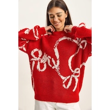Shade Kadın Desenli Oversize Triko Kazak Tk251158 60283806 - Kırmızı-ekru Çok renkli