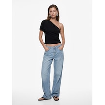 Koton Slim Fit Kısa Kollu Asimetrik Yaka Tek Omuz Bluz Siyah 6sak10482ek