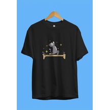 Oversize Reformer Pilates Spor Sporcu Çalışkan Kedi Tasarım Baskılı Unisex Tişört Siyah