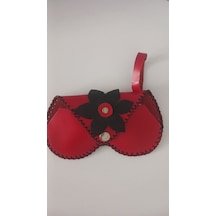 Hakiki Deri El Yapımı Kırmızı Çiçekli Gözlük Kılıfı - Siyah Dikişli & Asma Aparatlı